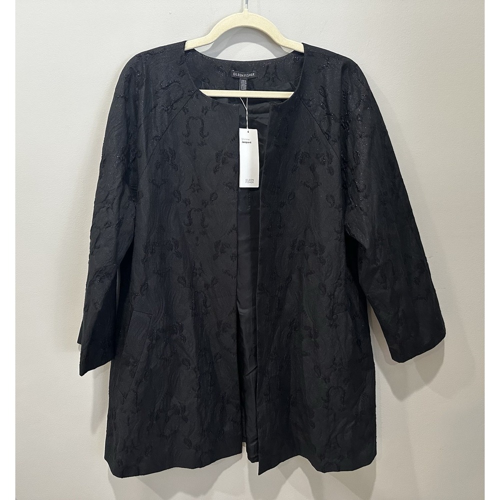 Eileen Fisher Shimmer Jacquard Jacket Women's Large Black Patterned Kimono NWT